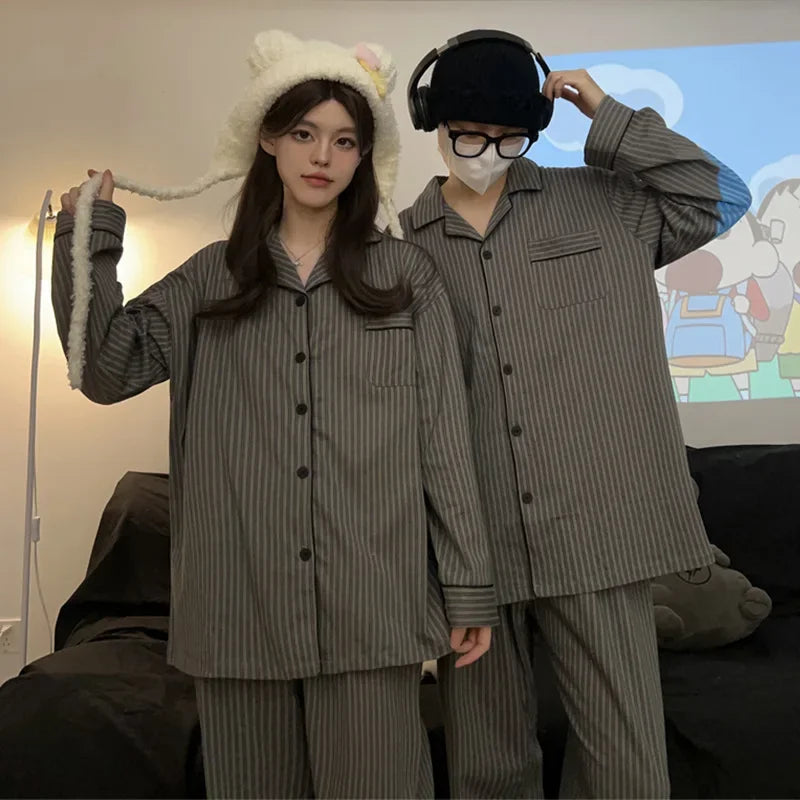 2 Sets of Couple Models Korean Ins Peter Rabbit Couple Pajamas Female Cotton Long-sleeved Men's Striped Two-piece Homewear