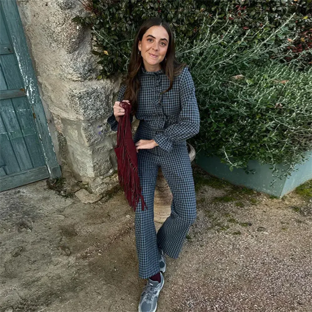 PB&ZA  Spring New Women's Fashion temperament casual versatile bubble sleeve plaid long jumpsuit