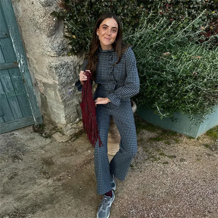 PB&ZA  Spring New Women's Fashion temperament casual versatile bubble sleeve plaid long jumpsuit