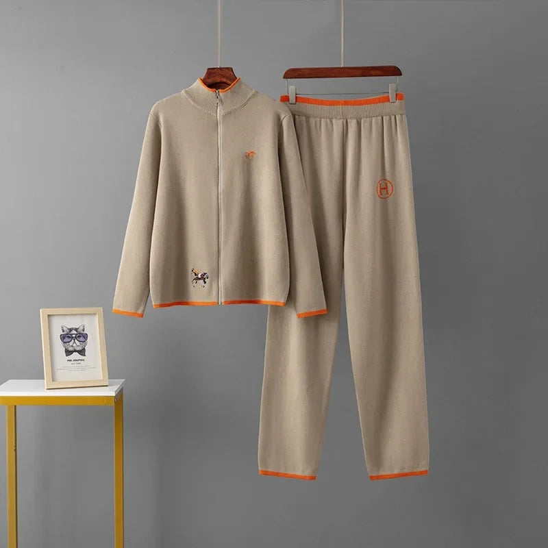 Creative Cross-Border New Product Long Sleeve Knitted Outerwear And Casual Knitted Long Pants Two-Piece Set Embroidered Horse Sp