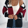 Women's Contrast Color Striped Cardigan Sweaters Autumn Winter Casual Lantern Long Sleeve Knitted Tops Woman Coats