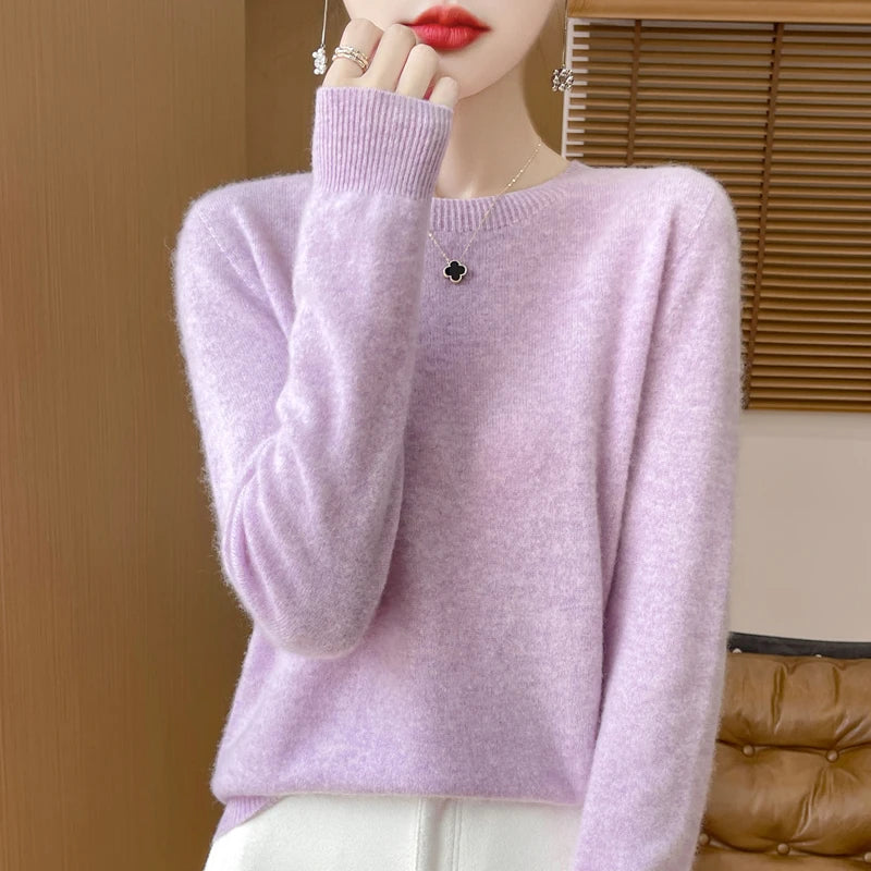 Autumn Winter Women 100% Merino Wool Sweater O-Neck Cashmere Pullover Basic Fashion Clothing Comfort Warm Top Casual Solid