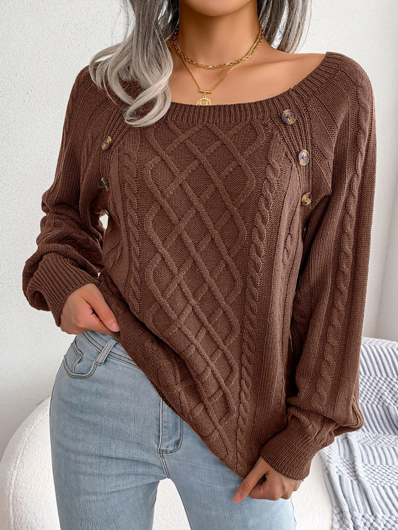 Women Casual Square Collar Buttons Long Sleeve Knitted Pullover Sweaters for Autumn Winter