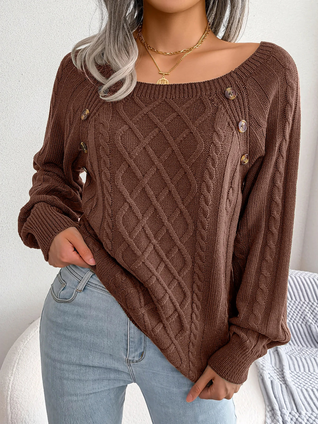 Women Casual Square Collar Buttons Long Sleeve Knitted Pullover Sweaters for Autumn Winter
