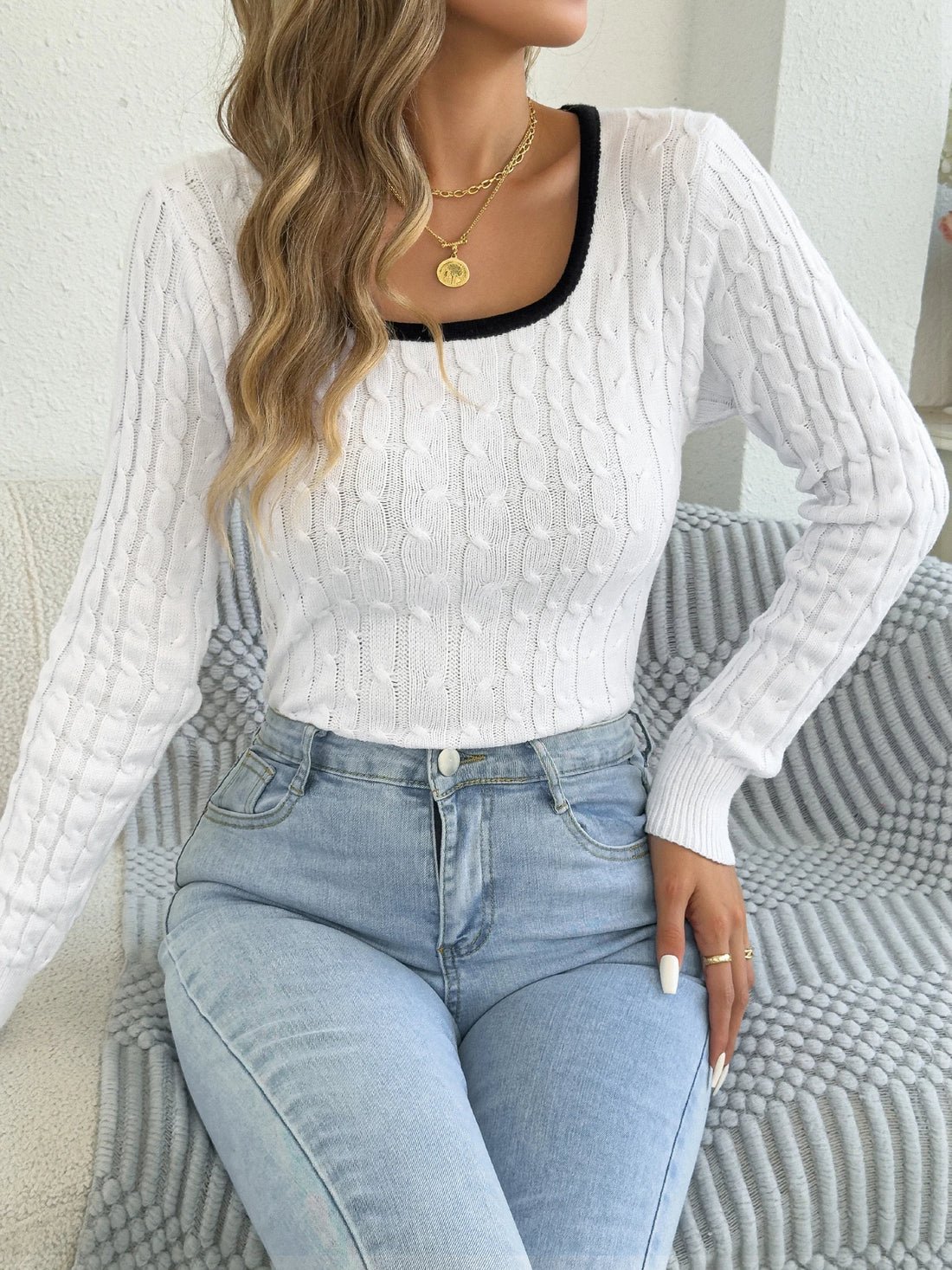 Women‘s Square Neck Twist Knitted Tops 2025 Autumn Winter Casual Long Sleeve Contrast Color Striped Sweater Khaki Red White