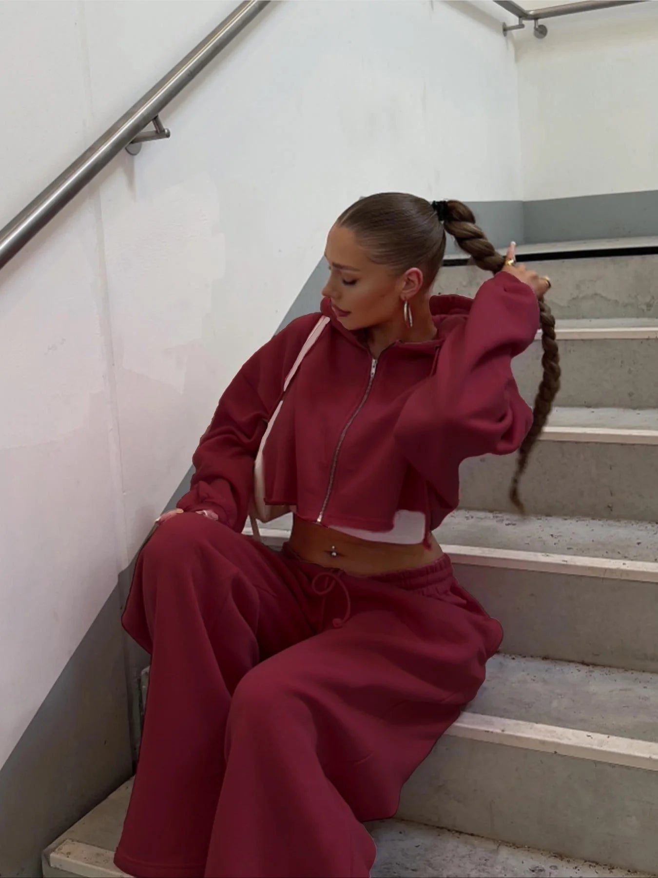 Women Hooded Zip-up Cropped Sweatshirt and Long Pants 2 Piece Sets Autumn Casual Hoodies Sweatpants Suit Tracksuits