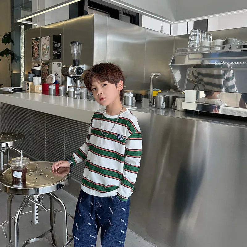 autumn Children Clothes Girls Long Sleeves Bottoming Shirts Cool Boys Stripe Cotton T-shirt Teen Loose Casual 2-7y Kids Top