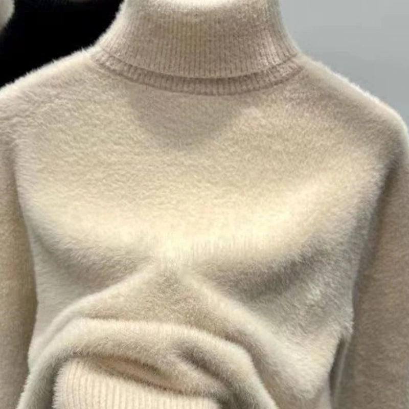 Women's Turtleneck Sweater Faux Mink Top for Women Solid Plush Thickened Warm Bottoming Shirts Basic Knitwear Thermal Pullovers