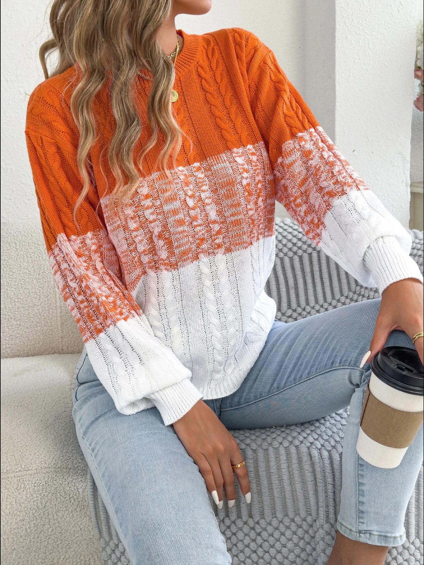 Woman Casual Color Block Striped Sweater Round Neck Lantern Long Sleeve Twist Knitted Tops for 2025 Autumn Winter Women Clothes