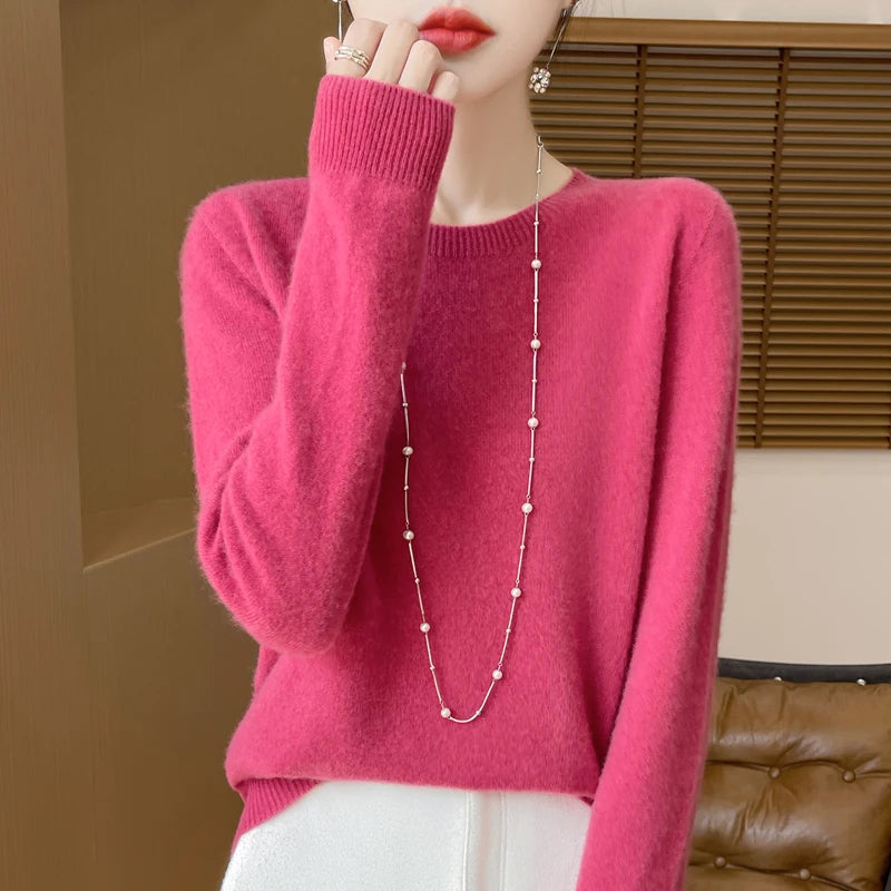 Autumn Winter Women 100% Merino Wool Sweater O-Neck Cashmere Pullover Basic Fashion Clothing Comfort Warm Top Casual Solid