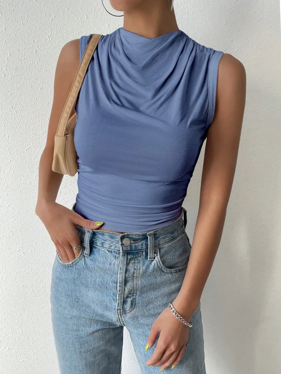 Women's Casual Pleated Design Top Summer Fashion Street Style Solid Color Slim Half High Neck Sleeveless T-Shirt Top