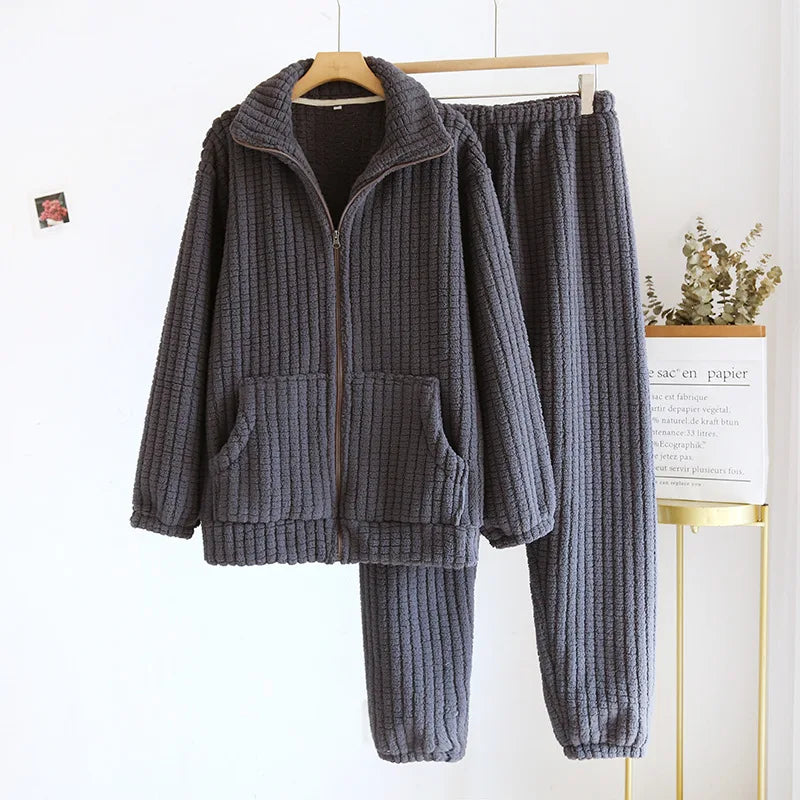 Winter New Couple Sleepwear Set Flannel Zipper Long Sleeve Pants Two Piece Coral Plush Thickened Men's and Women's Home Fur