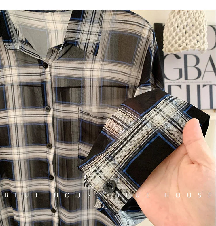 New Red Black Checkered Long Sleeve Sunscreen Shirt for Women's Spring and Autumn, Loose and Lightweight Shirt Top Outer