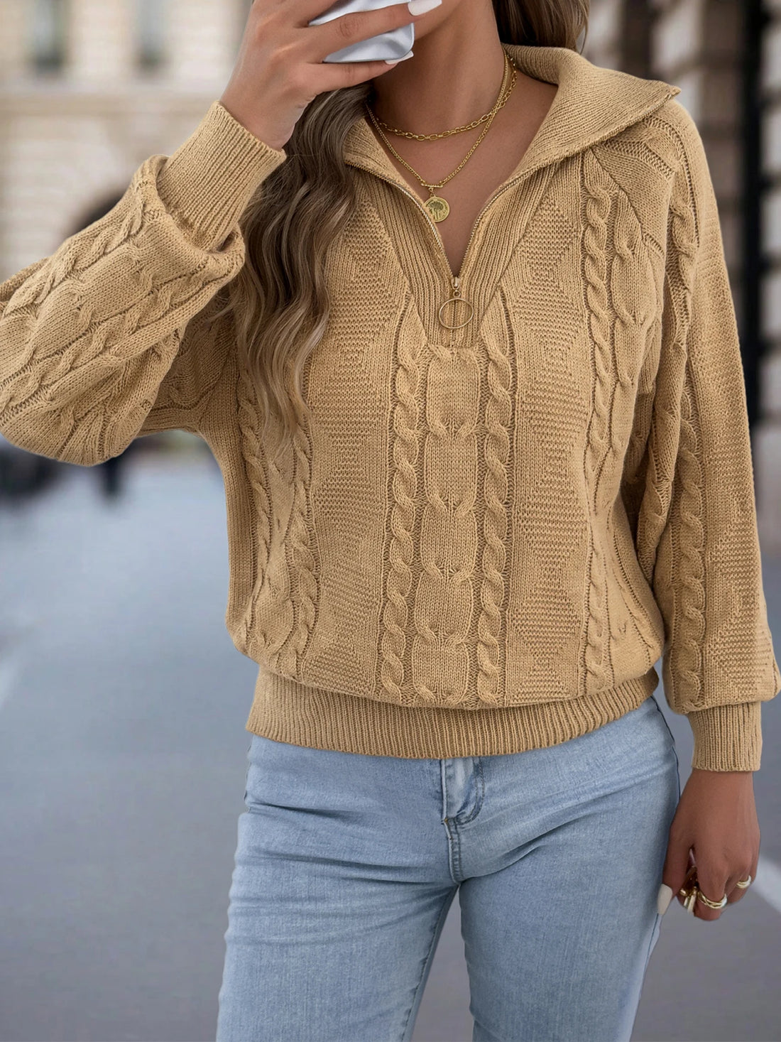 Women's Casual Turn Down Collar Half Zipper Sweaters Autumn Winter Lantern Long Sleeve Twist Knitted Tops Orange Khaki Red