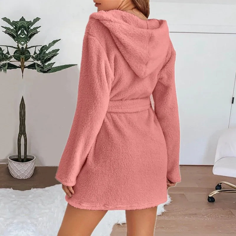 Winter Women Bath Robe Fluffy Plush Pyjamas Ladies Sexy Hooded Dressing Solid Color Gown Warm Bathrobe Female loungewear