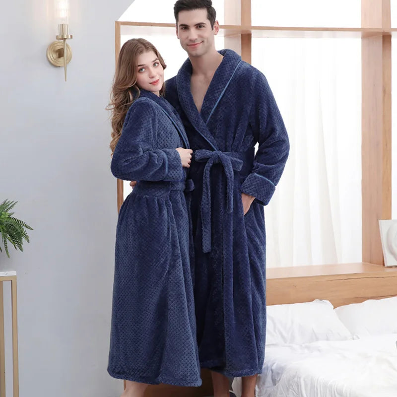 Large Size Flannel Long Robe Autumn Winter Thickened Couple Sleepwear Kimono Bathrobe Gown Nightgown Loose Coral Fleece Homewear