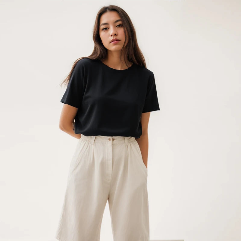 Cotton Short Sleeve Tops 220 Grams Heavy T-shirt Y2k Casual Comfortable Tee Shirt Black & White O-neck Woman Clothing YH2532