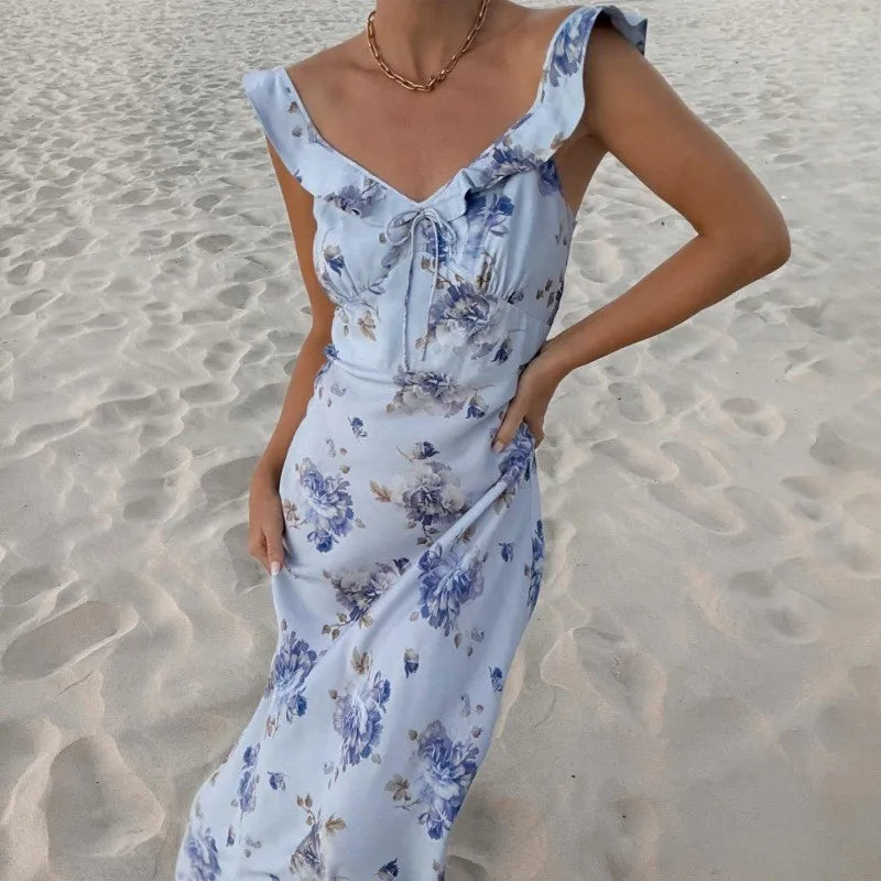 Summer Flower Printed Women's Sexy Low-cut Dress Sleeveless Backless Slim Sling Dresses 2025 Beach Vacation Lady Vestidos