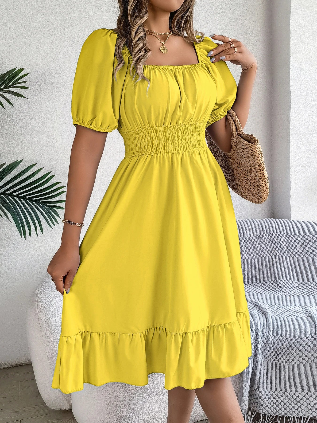 Spring and Summer Elegant High Waisted Dress Square Neck Short Sleeved Ruffled Edge Long Dresses for Women