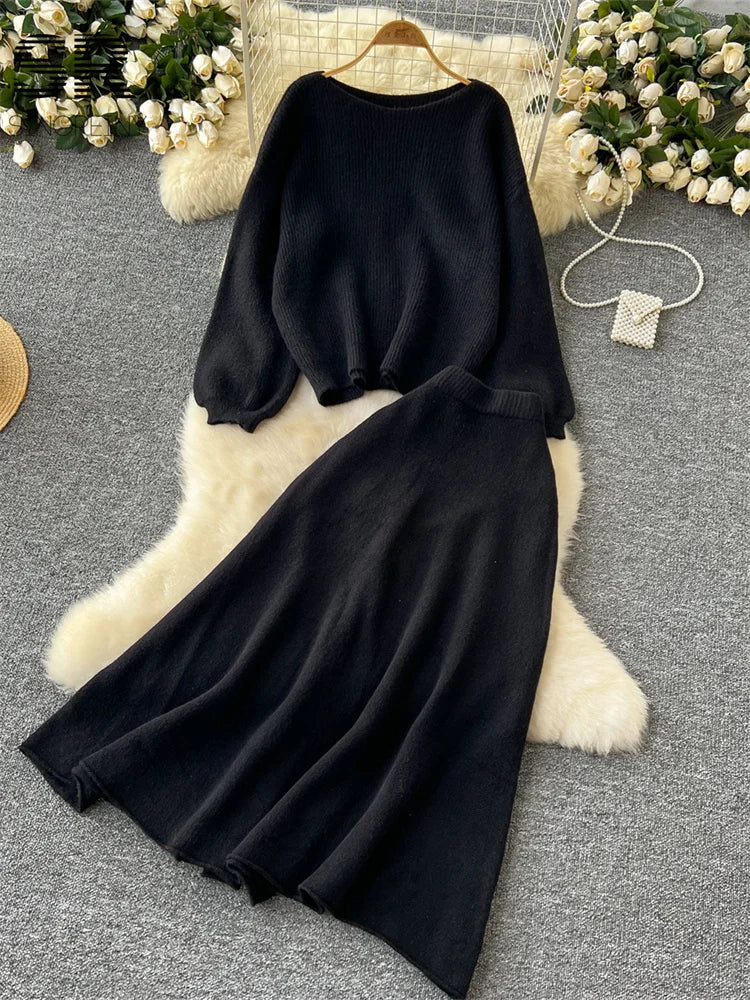 SINGREINY Gentle Korean 2pcs Suits Women Autumn Winter Loose Sweater+Elastic Waist Skirt Ladies Basics Knitting Two Pieces Sets