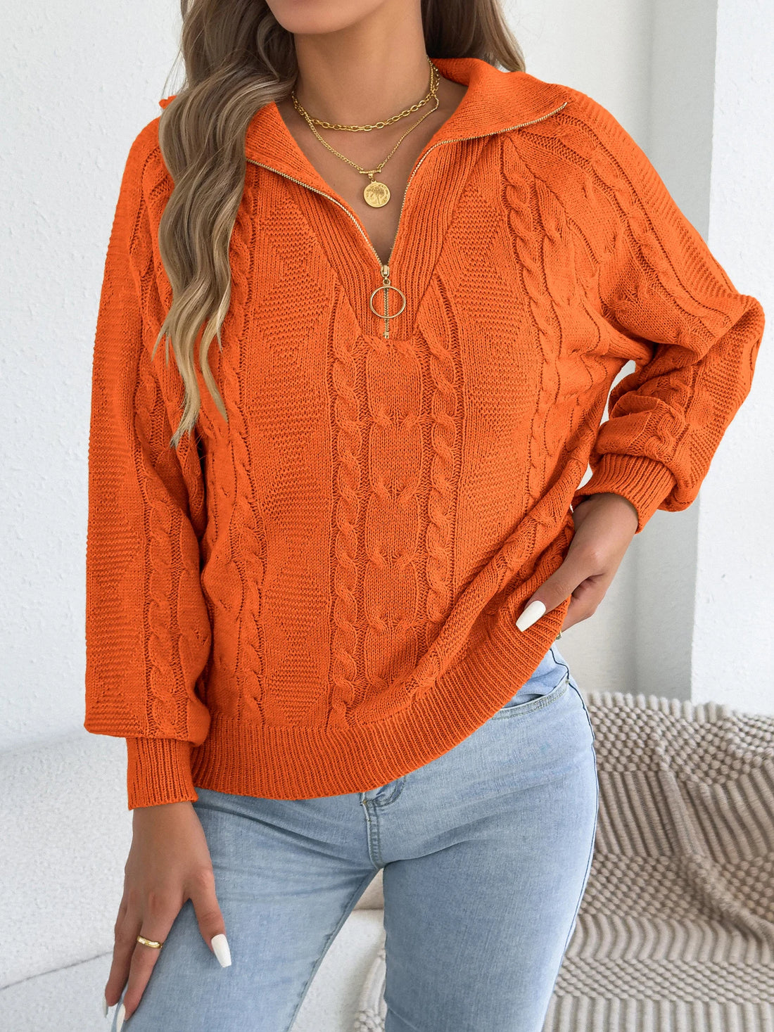Women's Casual Turn Down Collar Half Zipper Sweaters Autumn Winter Lantern Long Sleeve Twist Knitted Tops Orange Khaki Red