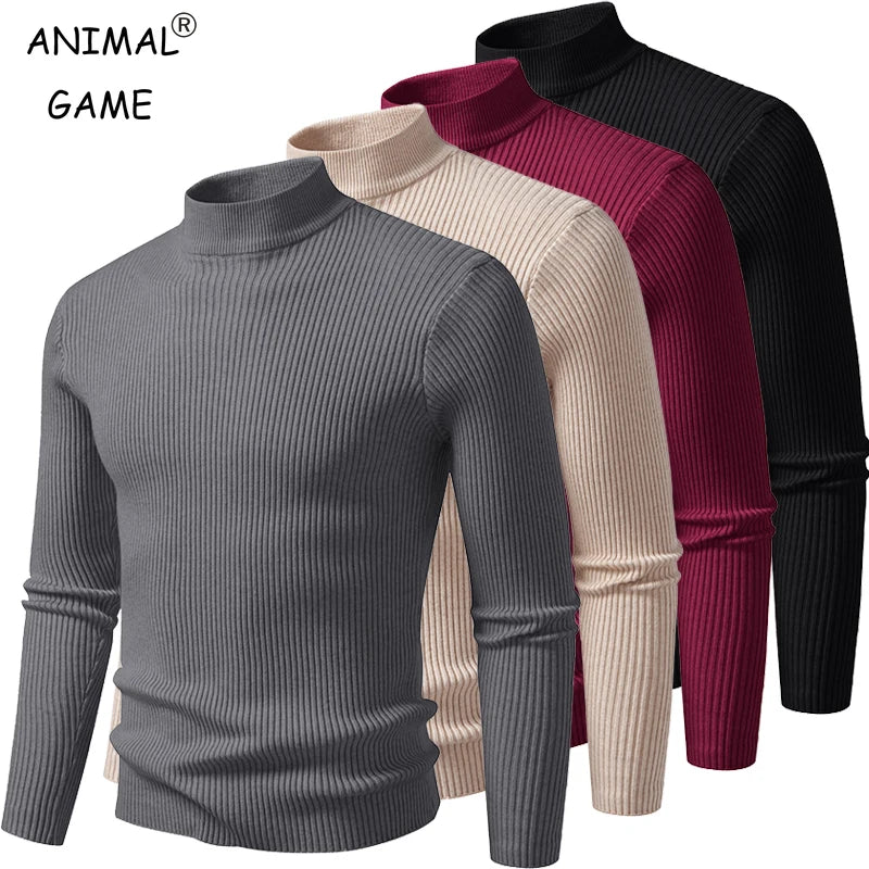 Mens Mock Neck Pullover Sweater High Neck Turtleneck Long Sleeve Sweaters for Men Winter Warm Outwear Stripes Casual Coats