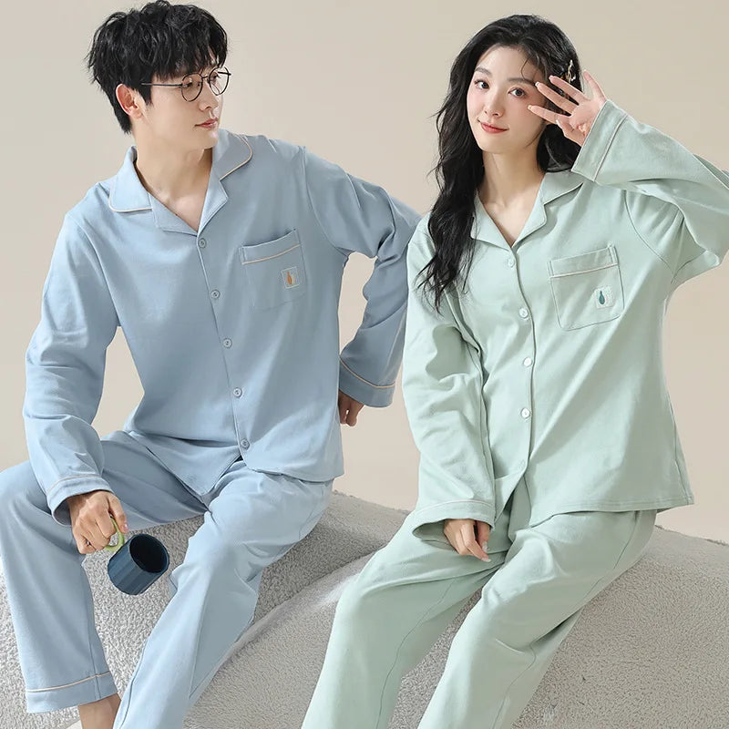 Cotton Couple Pajamas Women Autumn Long sleeve Trouser 2024 New Cardigan Home Wear Men's Suit Outer Wear pijma hombre Dropship