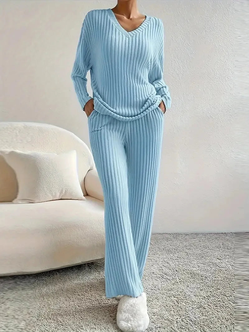Autumn Winter New Home Set Elegant V-Neck Ribbed Two-Piece Fashion Casual Straight Leg Pants Loose Comfort Outfit
