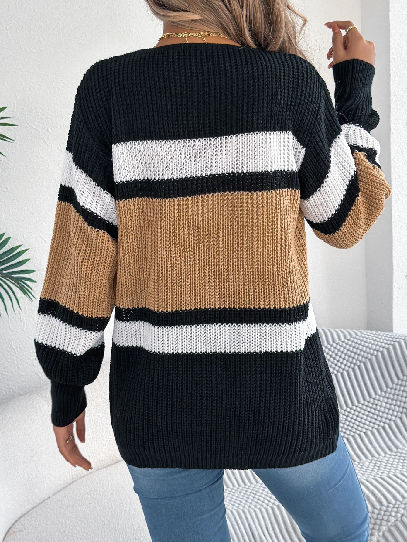 Women's Contrast Color Striped Cardigan Sweaters Autumn Winter Casual Lantern Long Sleeve Knitted Tops Woman Coats