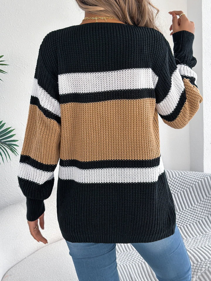 Women's Contrast Color Striped Cardigan Sweaters Autumn Winter Casual Lantern Long Sleeve Knitted Tops Woman Coats