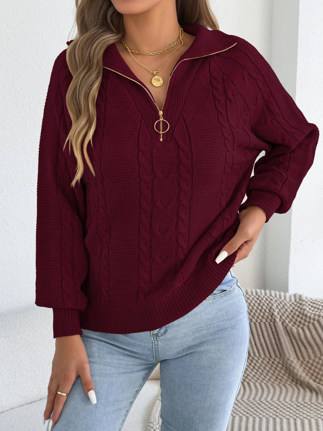 Women's Casual Turn Down Collar Half Zipper Sweaters Autumn Winter Lantern Long Sleeve Twist Knitted Tops Orange Khaki Red