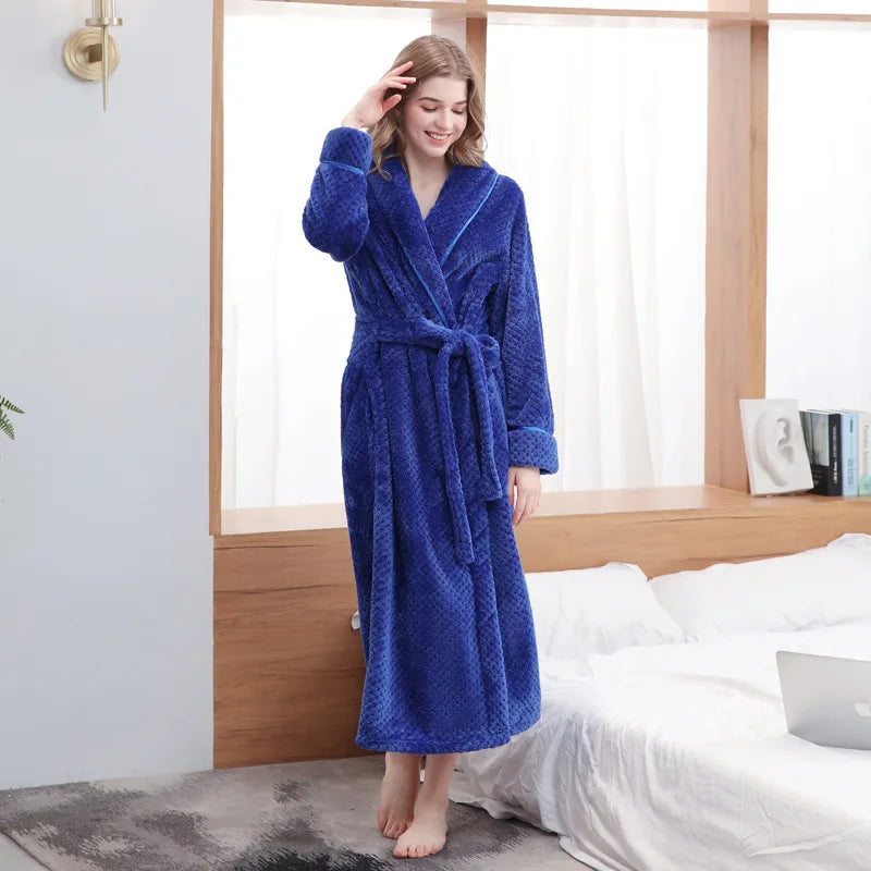 Large Size Flannel Long Robe Autumn Winter Thickened Couple Sleepwear Kimono Bathrobe Gown Nightgown Loose Coral Fleece Homewear