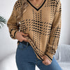 Women's V Neck Color Block Girds Striped Sweaters for Autumn Winter Casual V Neck Lantern Long Sleeve Knitted Pullover Warm Tops