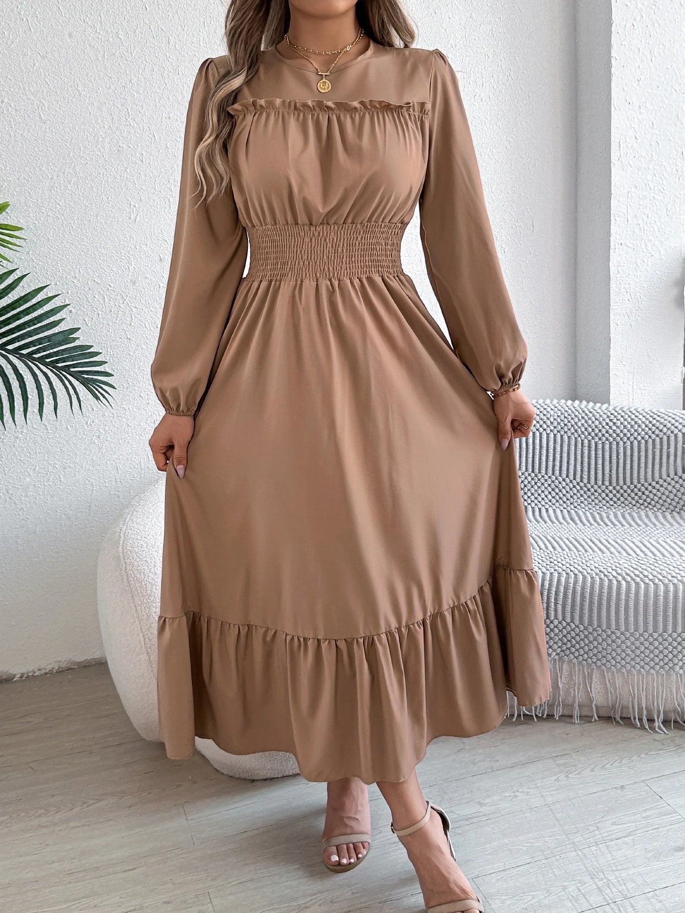 Autumn and Winter Casual Elegant Solid Color Round Neck Long Sleeved Waist Cinched Lotus Leaf Edge Dress Women Clothing