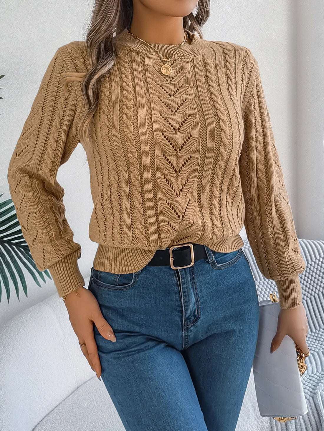 Autumn and Winter Casual Solid Color O-Neck Hollow Out Long Sleeved Pullover Sweater