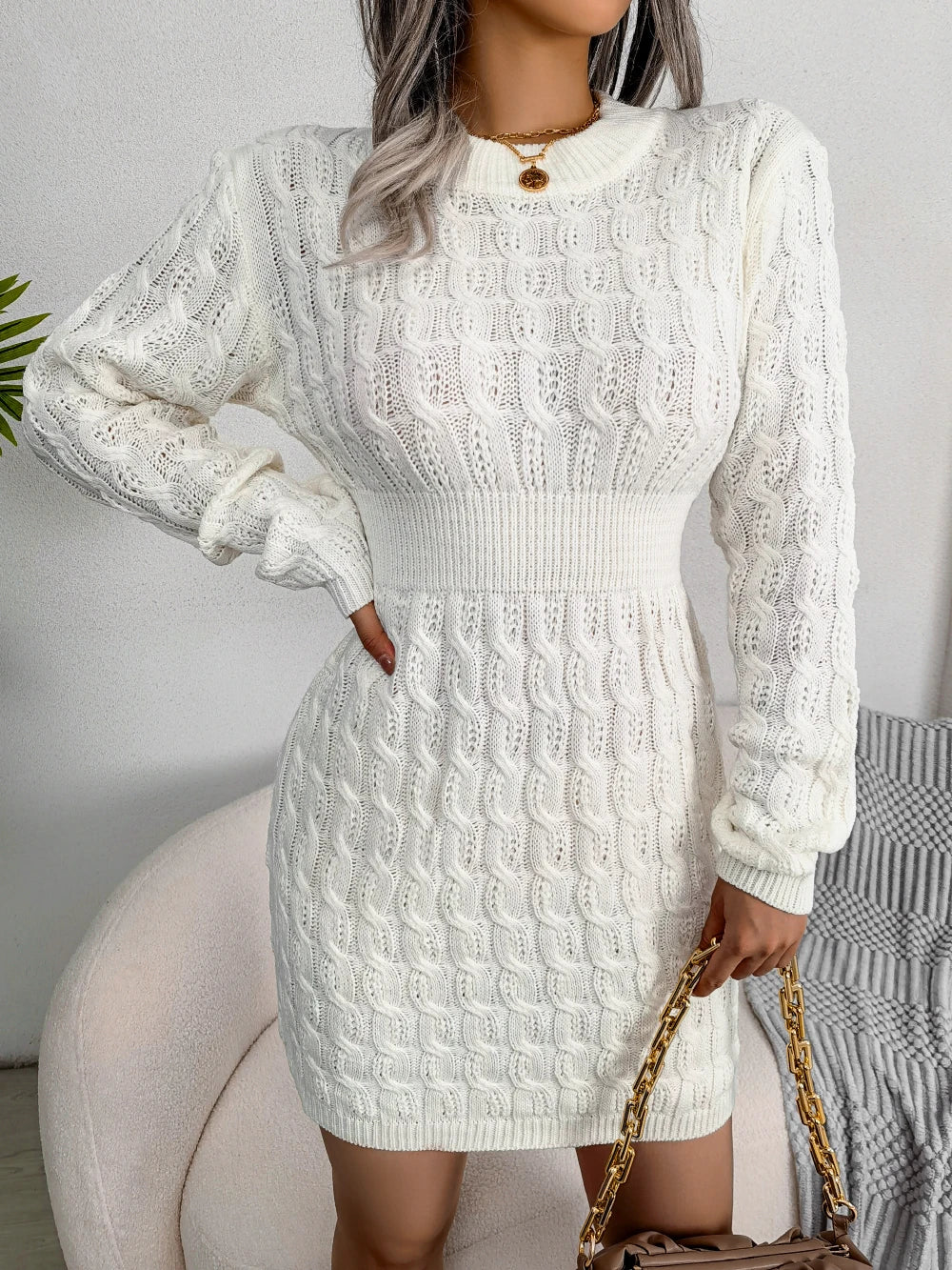 Autumn Winter Women Casual Solid Color Long Sleeve Knitted Sweater Dress Black White Blue Elegant Mini Dress
