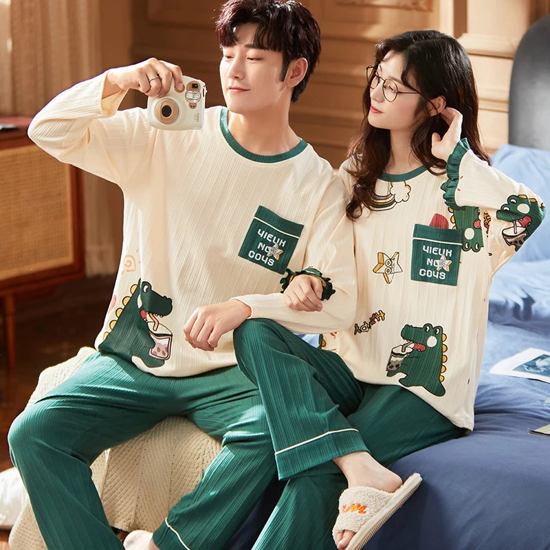 Couple's Pijama Sets M-3XL Autumn Spring Pajamas Lovely Cartoon Sleepwear Cotton Pyjamas For Women Man Top Pant Leisure Outwear