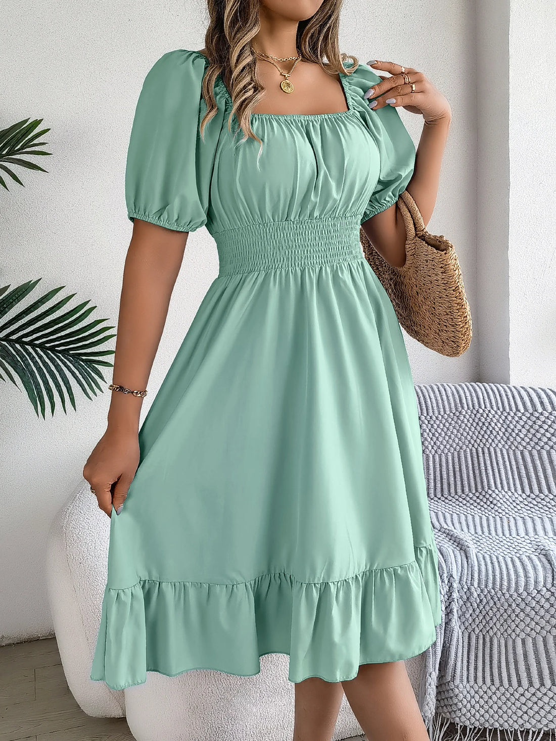 Spring and Summer Elegant High Waisted Dress Square Neck Short Sleeved Ruffled Edge Long Dresses for Women