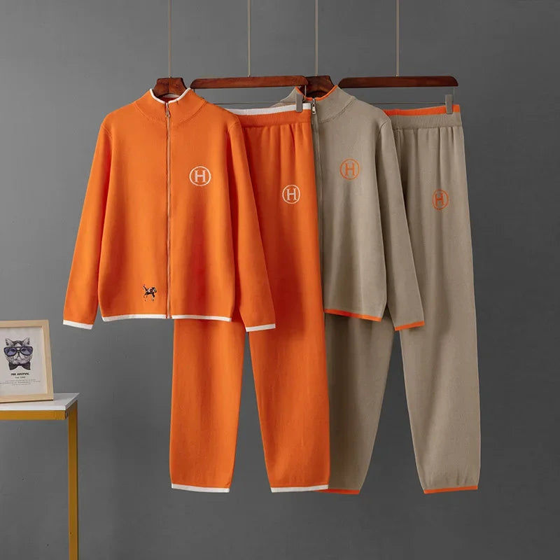 Creative Cross-Border New Product Long Sleeve Knitted Outerwear And Casual Knitted Long Pants Two-Piece Set Embroidered Horse Sp