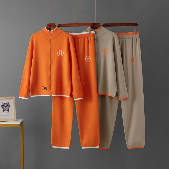 Creative Cross-Border New Product Long Sleeve Knitted Outerwear And Casual Knitted Long Pants Two-Piece Set Embroidered Horse Sp