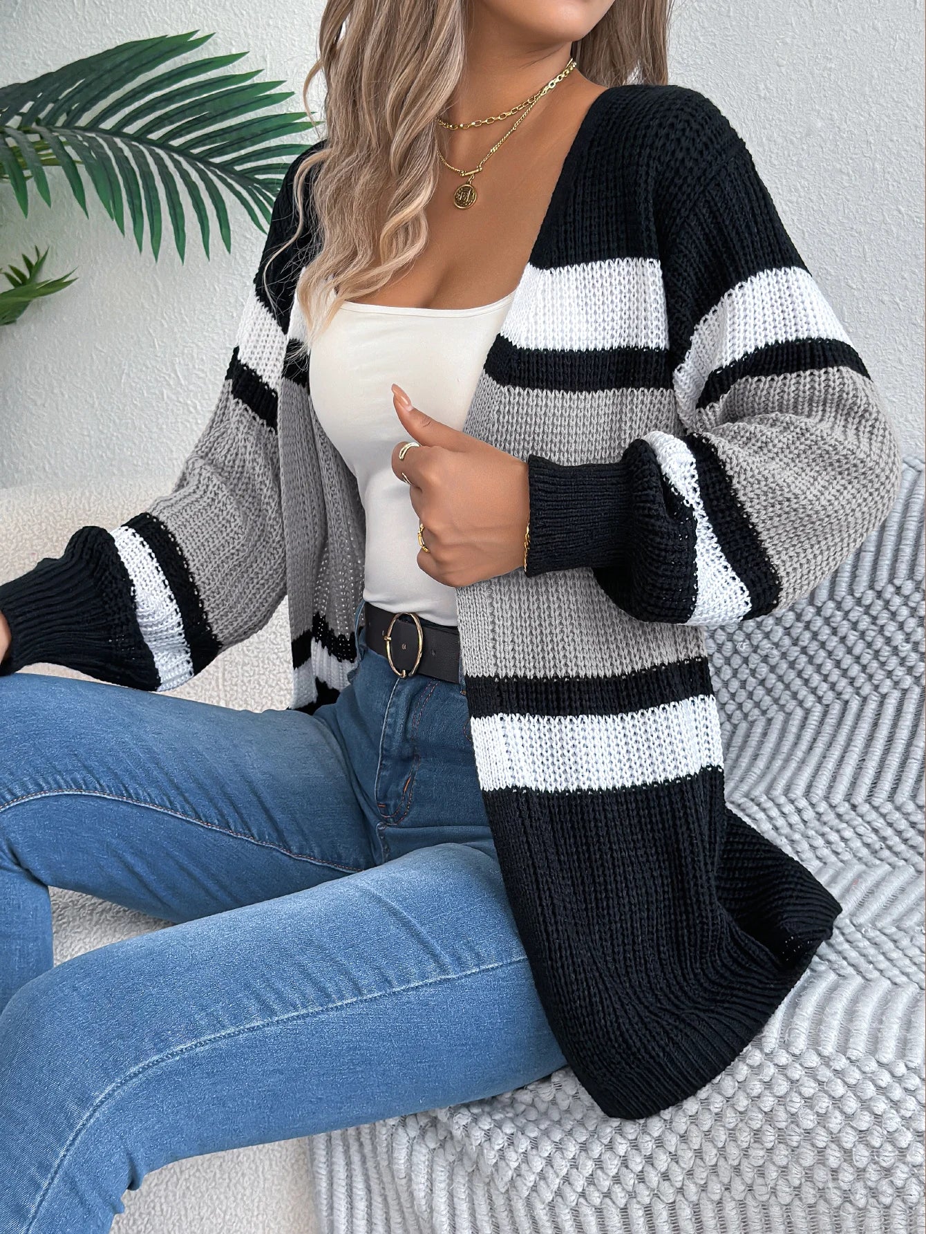 Women's Contrast Color Striped Cardigan Sweaters Autumn Winter Casual Lantern Long Sleeve Knitted Tops Woman Coats