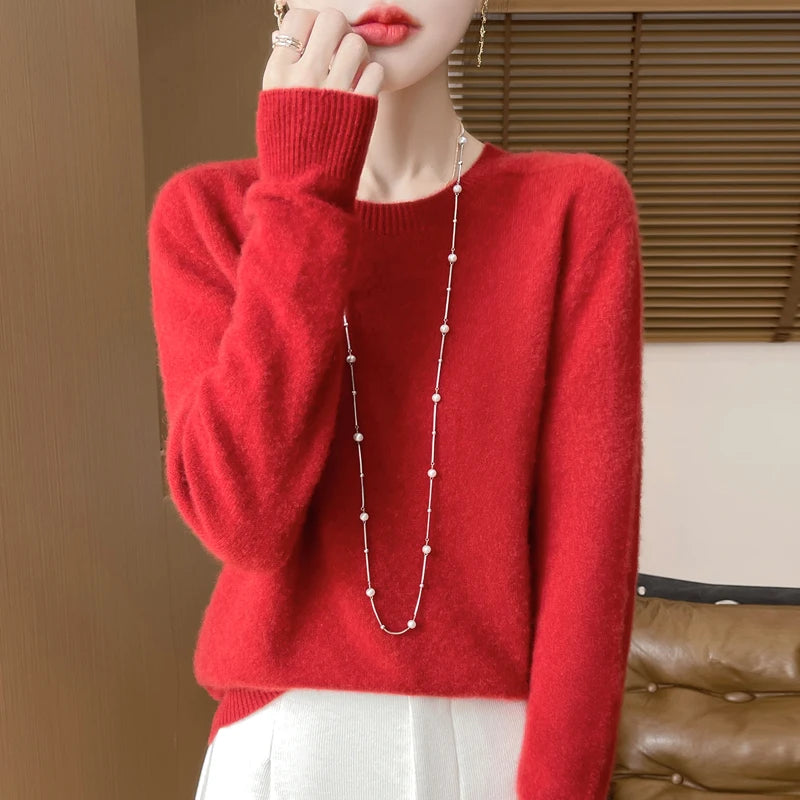 Autumn Winter Women 100% Merino Wool Sweater O-Neck Cashmere Pullover Basic Fashion Clothing Comfort Warm Top Casual Solid