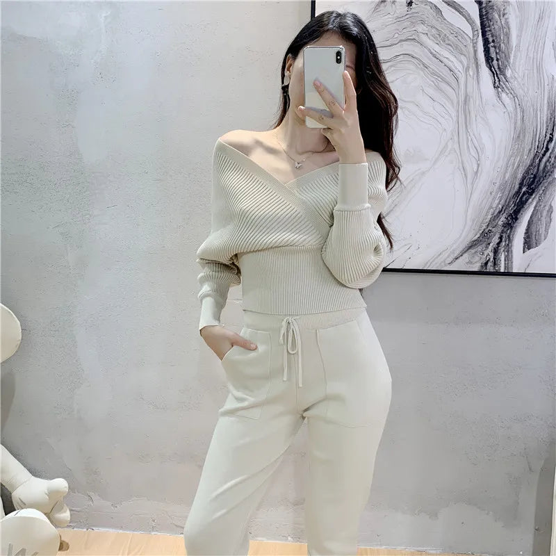 Elegant Tracksuit Sexy Two Piece Set Women Korean Style Ribbed Knitted Backless Top And Long Harem Pant Suit Autumn Outfits y2k