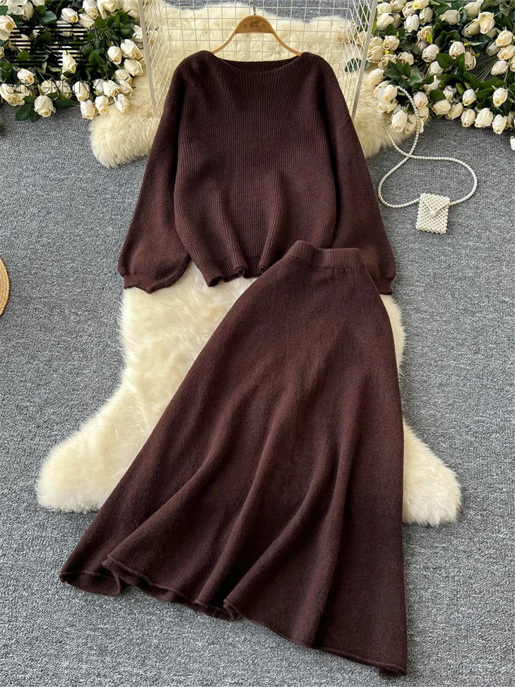 SINGREINY Gentle Korean 2pcs Suits Women Autumn Winter Loose Sweater+Elastic Waist Skirt Ladies Basics Knitting Two Pieces Sets