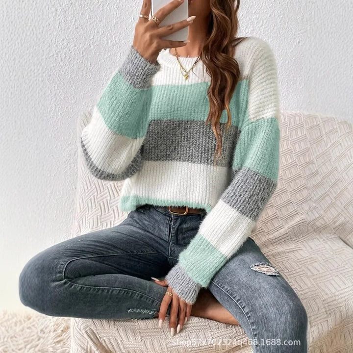 Casual Loose Striped round Neck Women's Sweater Thick Winter Knitted Top French Style Shoulder Loose Autumn Winter Sweater