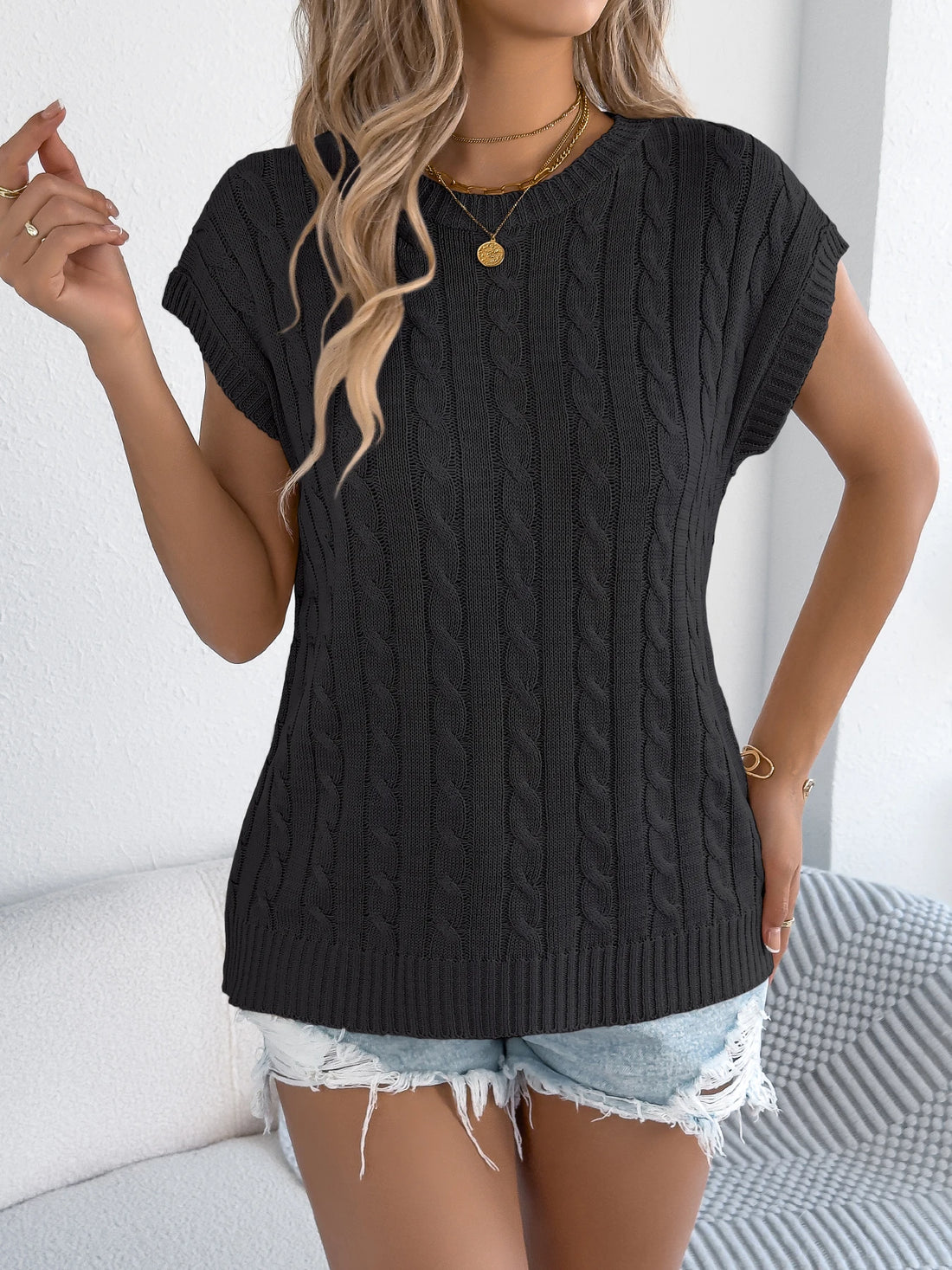 Spring Summer Solid Color Knit Tops Twist Round Neck Sleeveless Pullover White Black Khaki Casual Woman Clothing