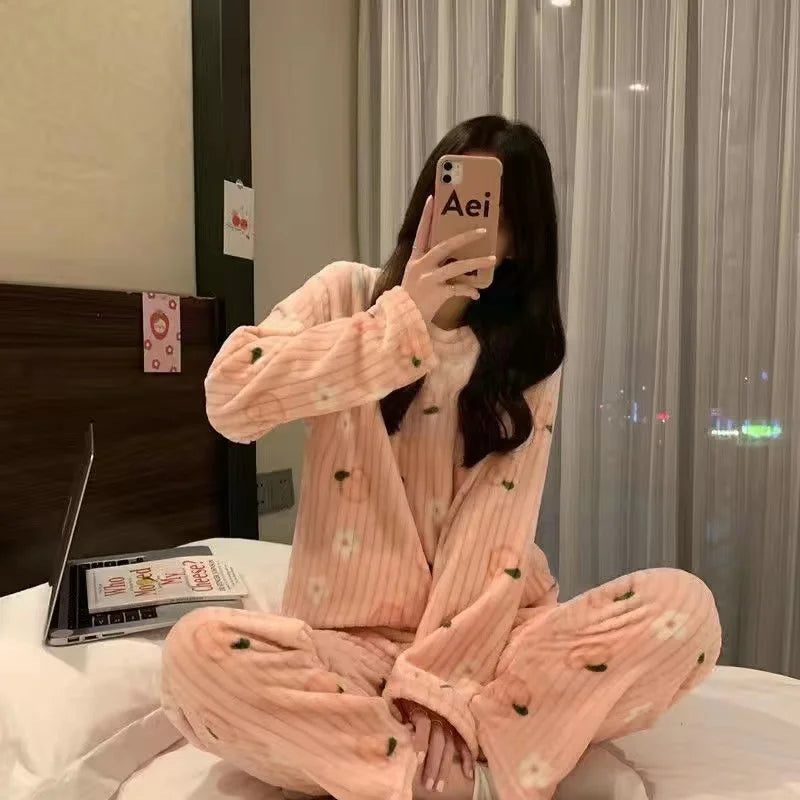 Thiened Long Sve Coral Fce Pajamas Women's Winter Home Clothes Set Cute Cartoon Print round Ne Spwear Set for Youth