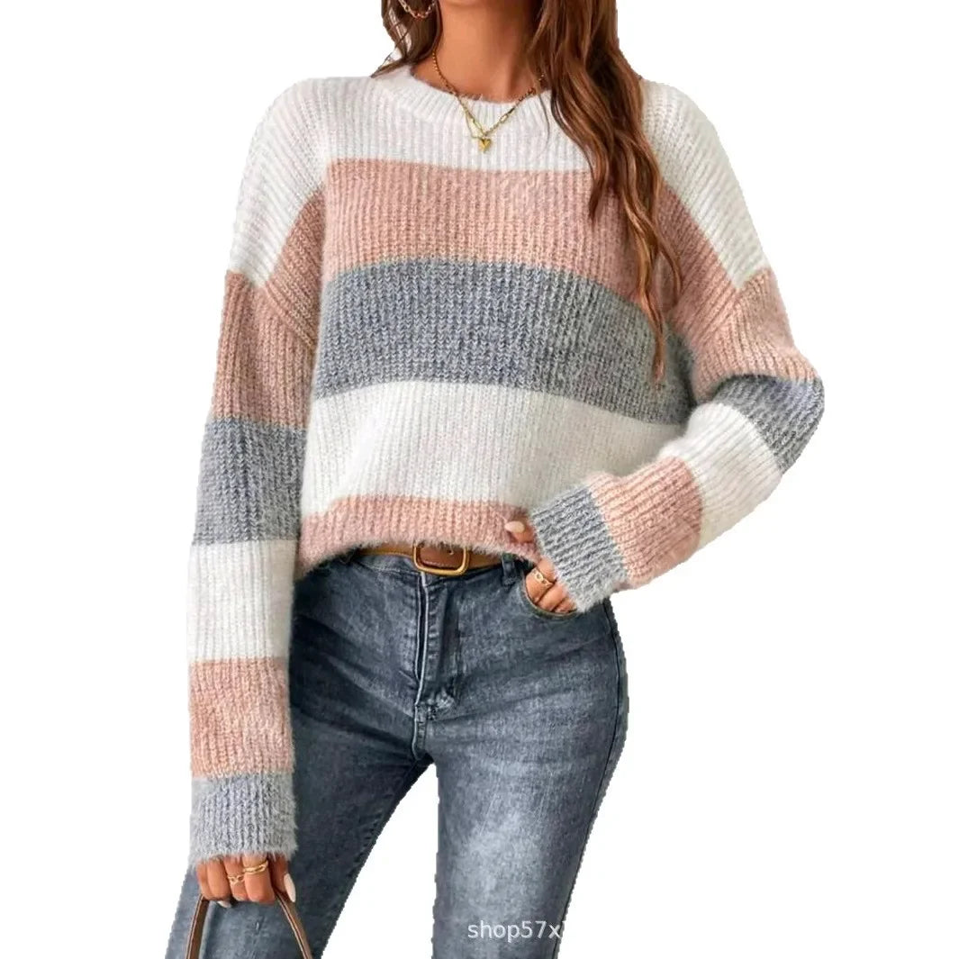Casual Loose Striped round Neck Women's Sweater Thick Winter Knitted Top French Style Shoulder Loose Autumn Winter Sweater