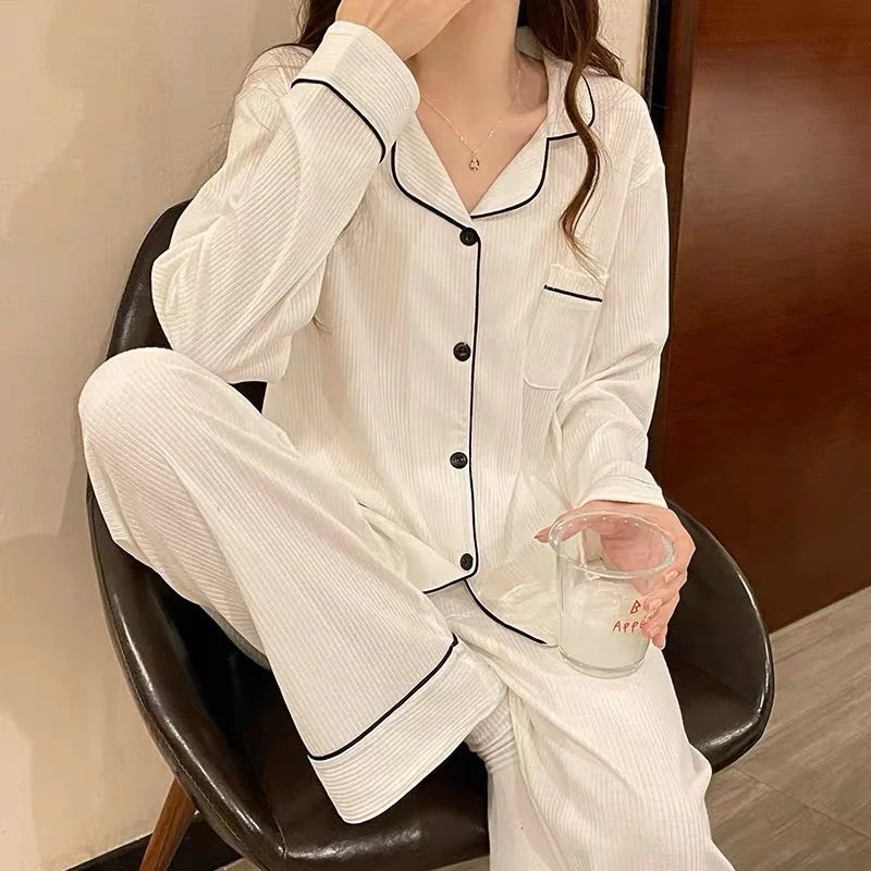 New Women's Solid Color Pyjamas Homewear Suit Girls Long-Sleeved Autumn and Winter Leisure Sleepwear Striped Nightwear