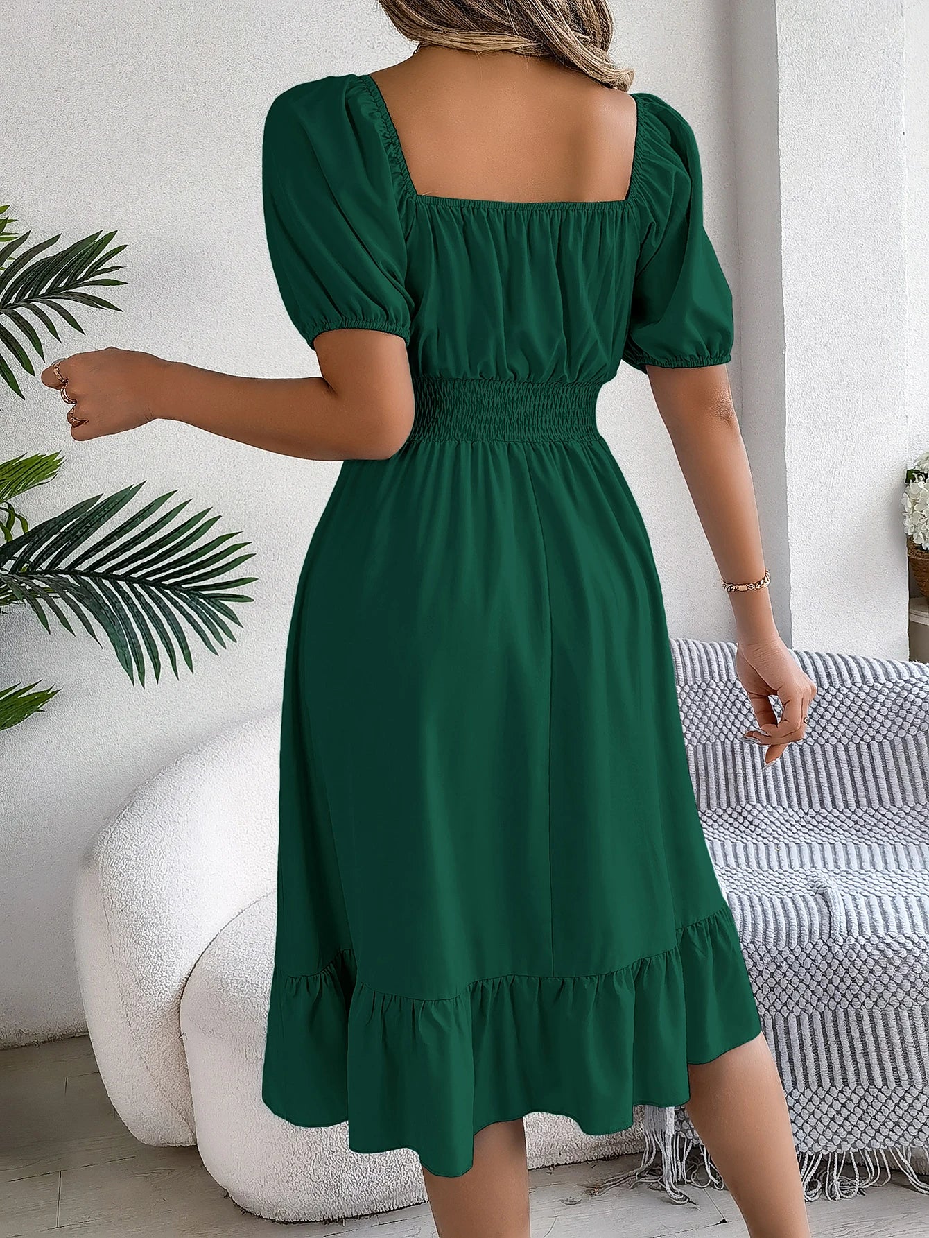 Spring and Summer Elegant High Waisted Dress Square Neck Short Sleeved Ruffled Edge Long Dresses for Women